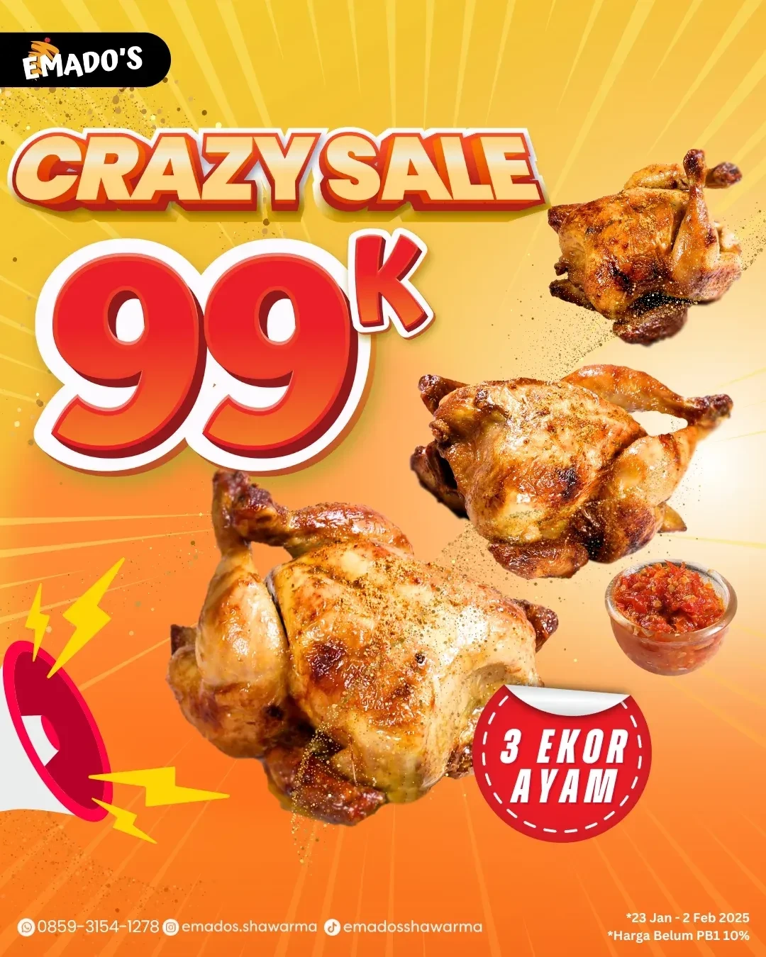 Promo Emados Shawarma Crazy Sale 3 Ekor Ayam Hanya Rp 99K 23 Januari - 2 Februari 2025