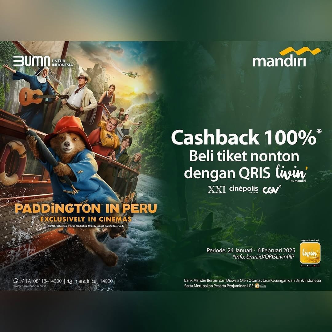 Promo Cinema XXI, CGV, dan Cinepolis Cashback 100% dengan QRIS Livin' Mandiri - Image 1