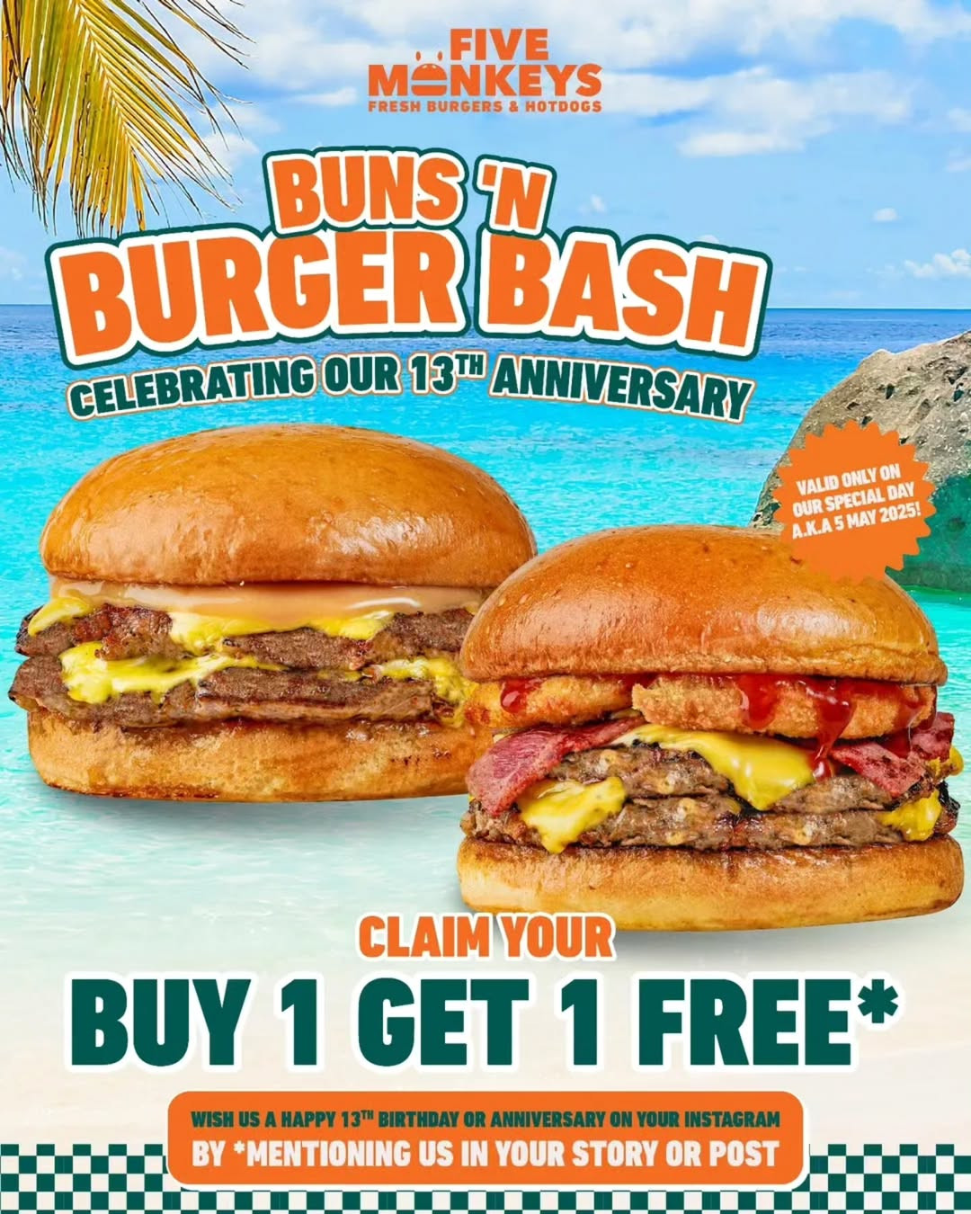 Promo Five Monkeys Bun N' Burger Bash Buy 1 Get 1 FREE - Image 1