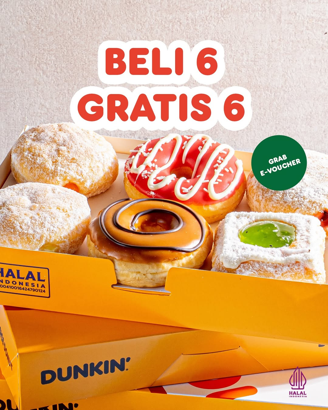 Promo Dunkin Beli 6 GRATIS 6 dengan Grab E-Voucher s/d 31 Mei 2025 - Image 1