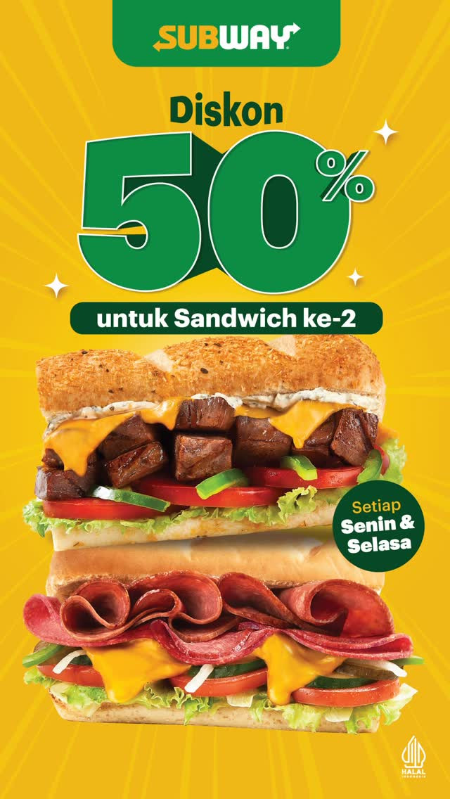 Promo Subway Diskon 50% Untuk 2nd Sandwich Tiap Senin & Selasa