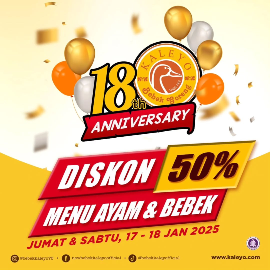 Promo Bebek Kaleyo 18th Anniversary  Diskon 50% Menu Ayam & Bebek - Image 2