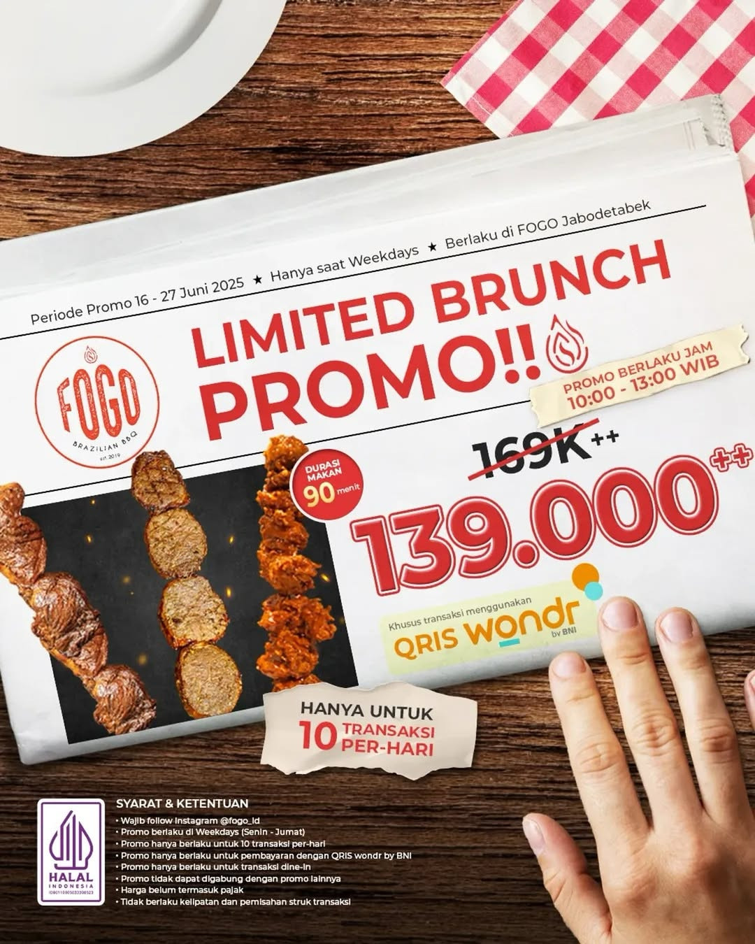Promo Fogo Brazilian BBQ Brunch Hanya Rp 139K++ dengan QRIS wondr by BNI - Image 1