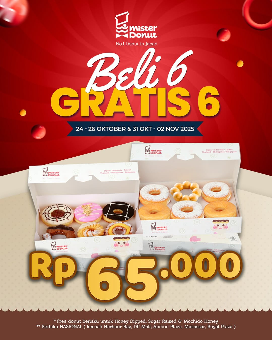 Promo Mister Donut Beli 6 GRATIS 6 Hanya Rp 65.000 - Image 1